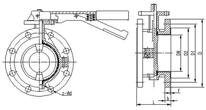 D41F手動法蘭蝶閥，不銹鋼法蘭蝶閥，襯四氟法蘭蝶閥結(jié)構(gòu)尺寸